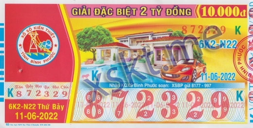 Mẫu vé sô xổ số Bình Phước ngày 11/6/2022