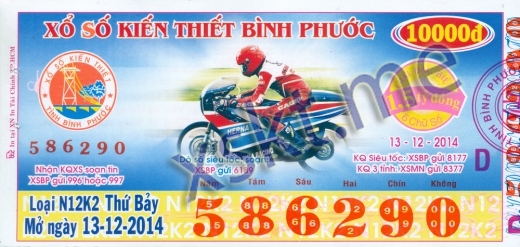 Mẫu vé sô xổ số Bình Phước ngày 13/12/2014