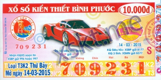 Mẫu vé sô xổ số Bình Phước ngày 14/3/2015