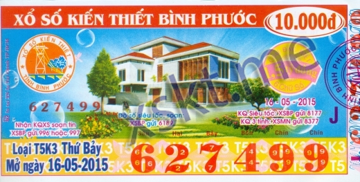 Mẫu vé sô xổ số Bình Phước ngày 16/5/2015