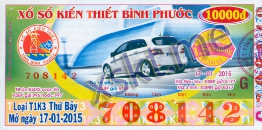 Mẫu vé sô xổ số Bình Phước ngày 17/1/2015