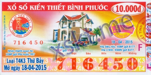 Mẫu vé sô xổ số Bình Phước ngày 18/4/2015