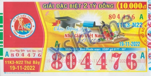 Mẫu vé sô xổ số Bình Phước ngày 19/11/2022