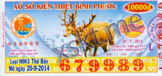 Mẫu vé sô xổ số Bình Phước ngày 20/9/2014