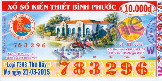 Mẫu vé sô xổ số Bình Phước ngày 21/3/2015