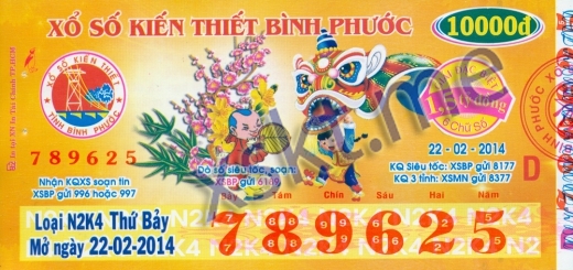 Mẫu vé sô xổ số Bình Phước ngày 22/2/2014