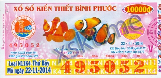 Mẫu vé sô xổ số Bình Phước ngày 22/11/2014