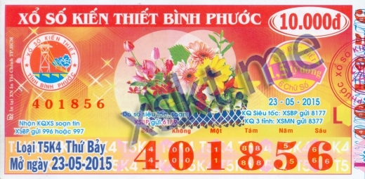 Mẫu vé sô xổ số Bình Phước ngày 23/5/2015