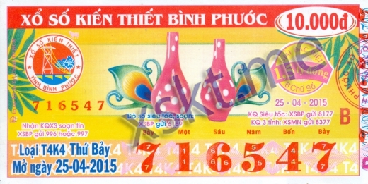 Mẫu vé sô xổ số Bình Phước ngày 25/4/2015
