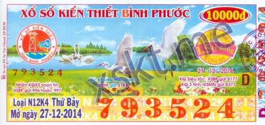Mẫu vé sô xổ số Bình Phước ngày 27/12/2014