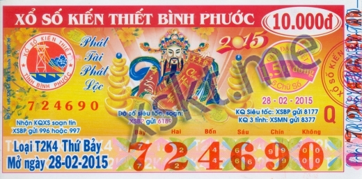Mẫu vé sô xổ số Bình Phước ngày 28/2/2015