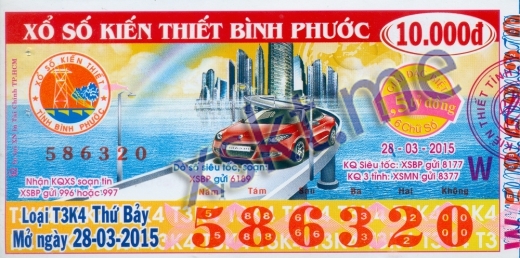 Mẫu vé sô xổ số Bình Phước ngày 28/3/2015