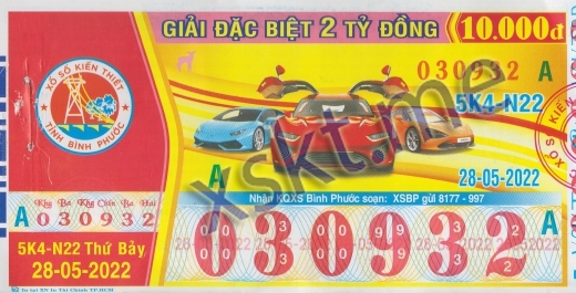 Mẫu vé sô xổ số Bình Phước ngày 28/5/2022
