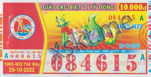 Mẫu vé sô xổ số Bình Phước ngày 29/10/2022