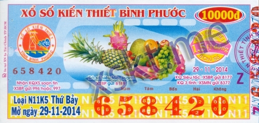 Mẫu vé sô xổ số Bình Phước ngày 29/11/2014