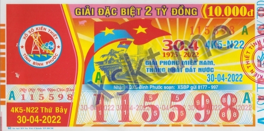 Mẫu vé sô xổ số Bình Phước ngày 30/4/2022