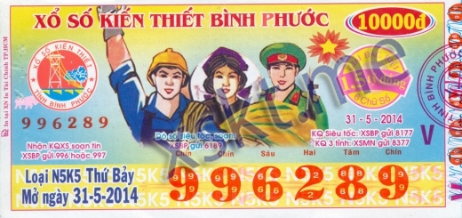 Mẫu vé sô xổ số Bình Phước ngày 31/5/2014