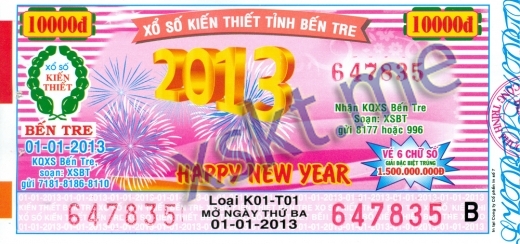 Mẫu vé sô xổ số Bến Tre ngày 1/1/2013
