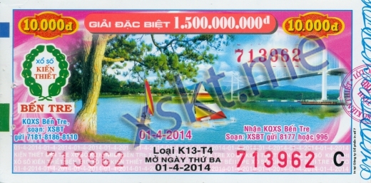 Mẫu vé sô xổ số Bến Tre ngày 1/4/2014