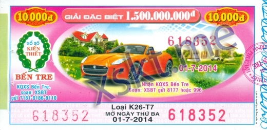 Mẫu vé sô xổ số Bến Tre ngày 1/7/2014