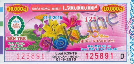 Mẫu vé sô xổ số Bến Tre ngày 1/9/2015