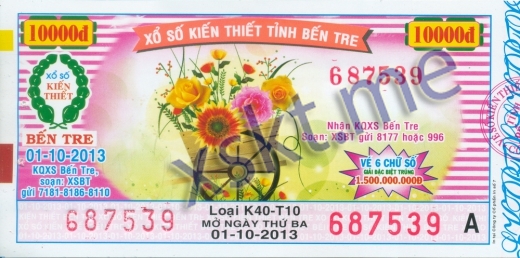 Mẫu vé sô xổ số Bến Tre ngày 1/10/2013