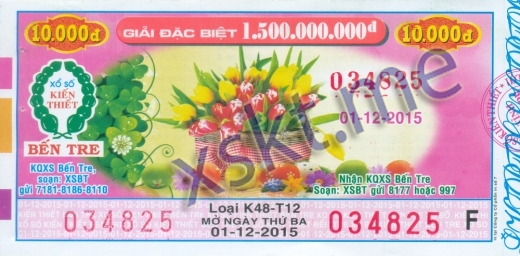 Mẫu vé sô xổ số Bến Tre ngày 1/12/2015