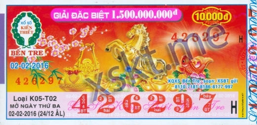 Mẫu vé sô xổ số Bến Tre ngày 2/2/2016
