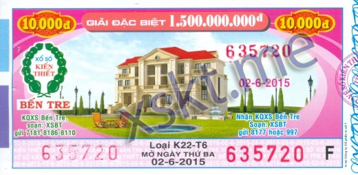 Mẫu vé sô xổ số Bến Tre ngày 2/6/2015