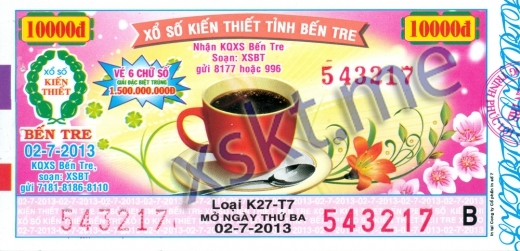 Mẫu vé sô xổ số Bến Tre ngày 2/7/2013