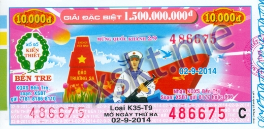 Mẫu vé sô xổ số Bến Tre ngày 2/9/2014