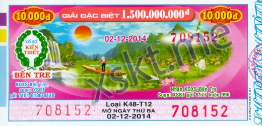 Mẫu vé sô xổ số Bến Tre ngày 2/12/2014