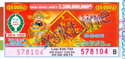 Mẫu vé sô xổ số Bến Tre ngày 3/2/2015