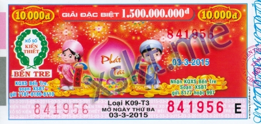 Mẫu vé sô xổ số Bến Tre ngày 3/3/2015