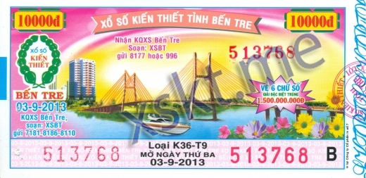 Mẫu vé sô xổ số Bến Tre ngày 3/9/2013