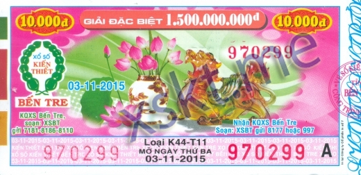 Mẫu vé sô xổ số Bến Tre ngày 3/11/2015