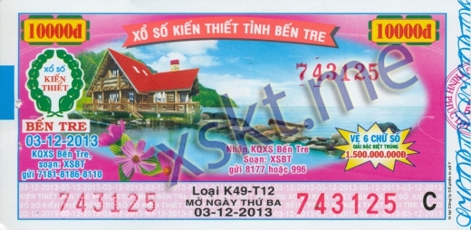 Mẫu vé sô xổ số Bến Tre ngày 3/12/2013
