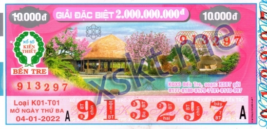 Mẫu vé sô xổ số Bến Tre ngày 4/1/2022