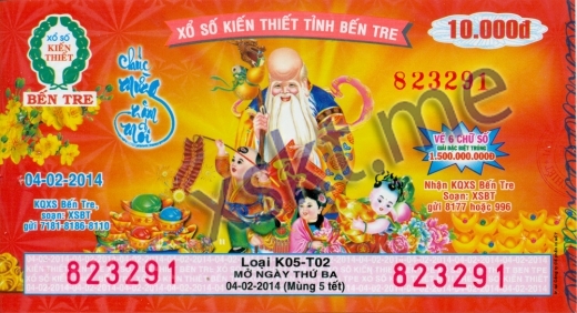 Mẫu vé sô xổ số Bến Tre ngày 4/2/2014