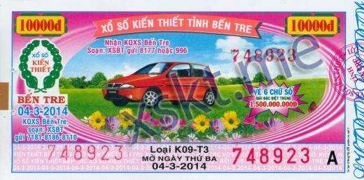 Mẫu vé sô xổ số Bến Tre ngày 4/3/2014