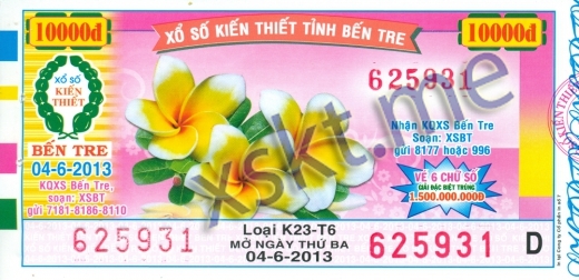 Mẫu vé sô xổ số Bến Tre ngày 4/6/2013