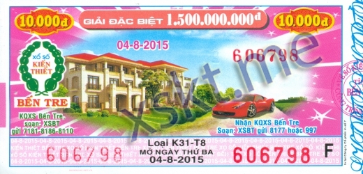 Mẫu vé sô xổ số Bến Tre ngày 4/8/2015