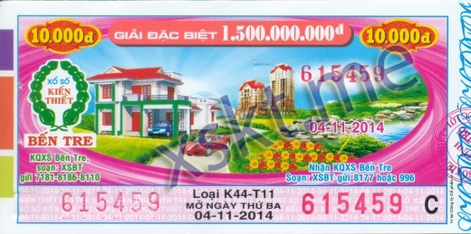 Mẫu vé sô xổ số Bến Tre ngày 4/11/2014