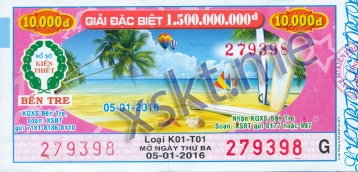 Mẫu vé sô xổ số Bến Tre ngày 5/1/2016