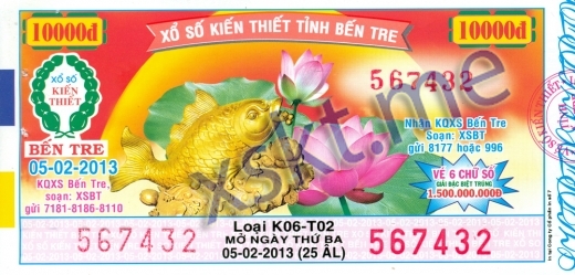Mẫu vé sô xổ số Bến Tre ngày 5/2/2013