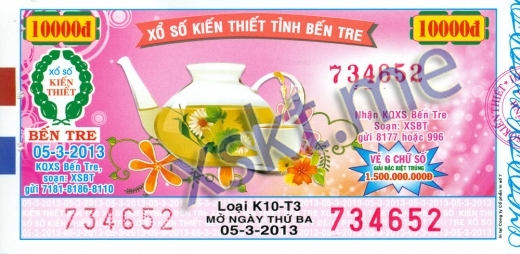 Mẫu vé sô xổ số Bến Tre ngày 5/3/2013