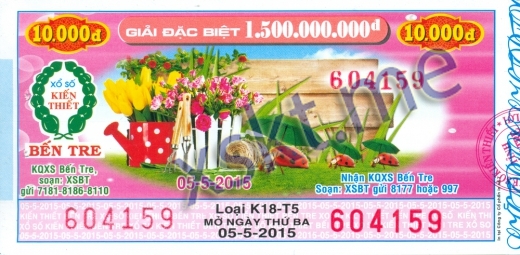Mẫu vé sô xổ số Bến Tre ngày 5/5/2015