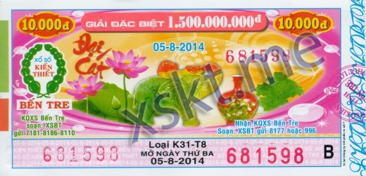 Mẫu vé sô xổ số Bến Tre ngày 5/8/2014