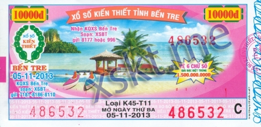 Mẫu vé sô xổ số Bến Tre ngày 5/11/2013
