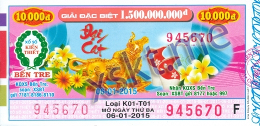 Mẫu vé sô xổ số Bến Tre ngày 6/1/2015